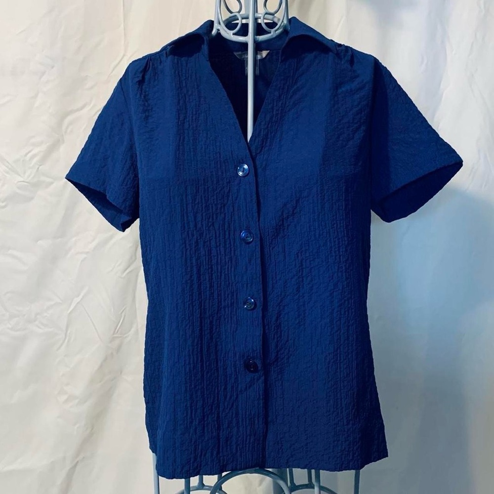 White Stag Women's Short Sleeve Button Up Top Blouse Blue Size Small